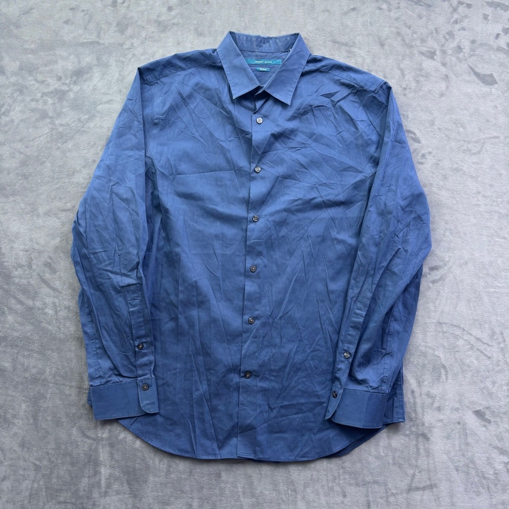 Perry Ellis Mens Blue Non Iron 100% Cotton Long Sleeve Button Down Shirt Large